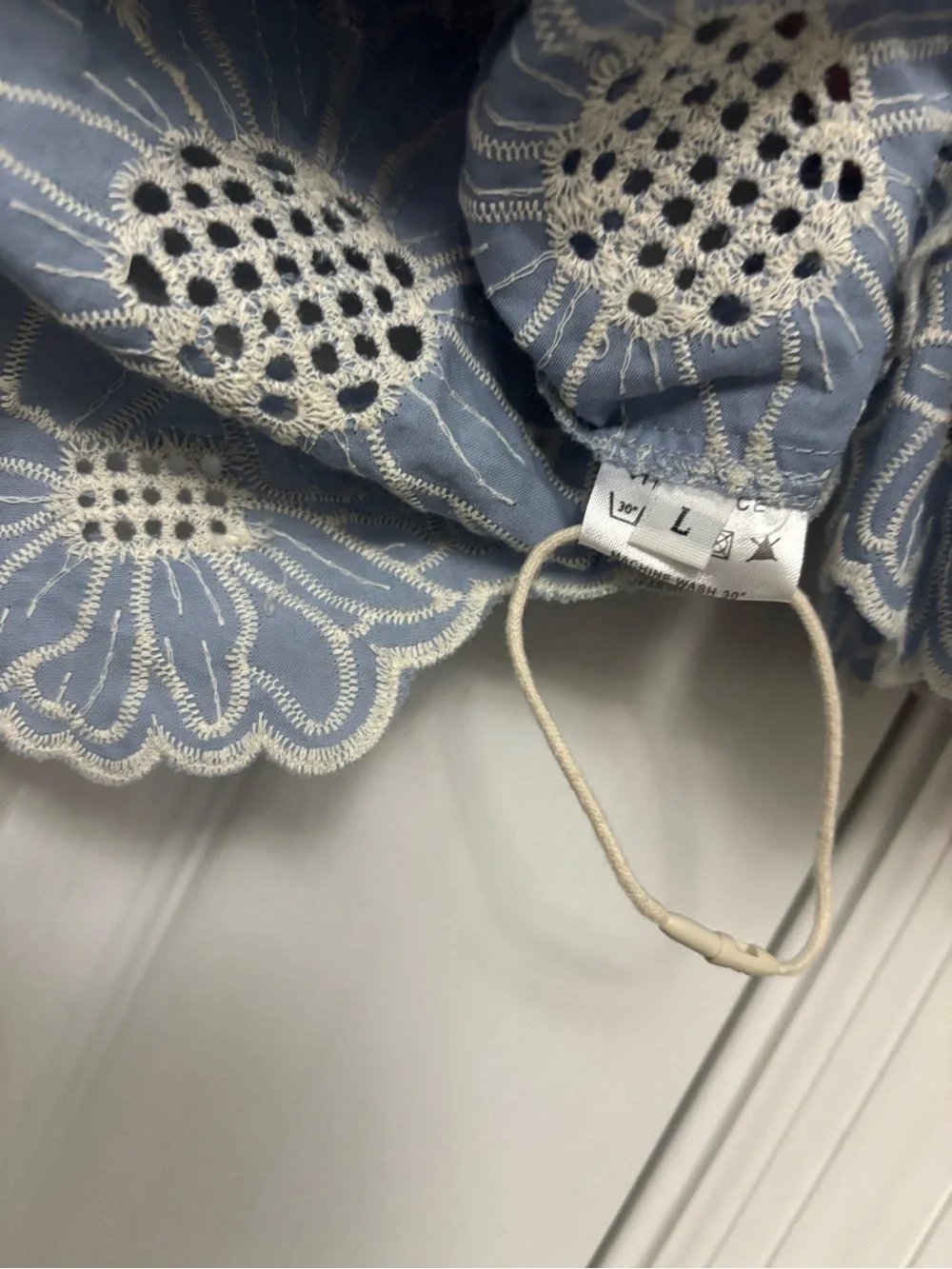 Vita Grace Blue Floral Embroidered Eyelet Cotton Puff Sleeve Blouse Top Size L - Picture 6 of 7